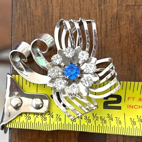 Vintage Bow Brooch Ribbon Pendant Floral & Clear Blue Center Silver-tone - Picture 11 of 11